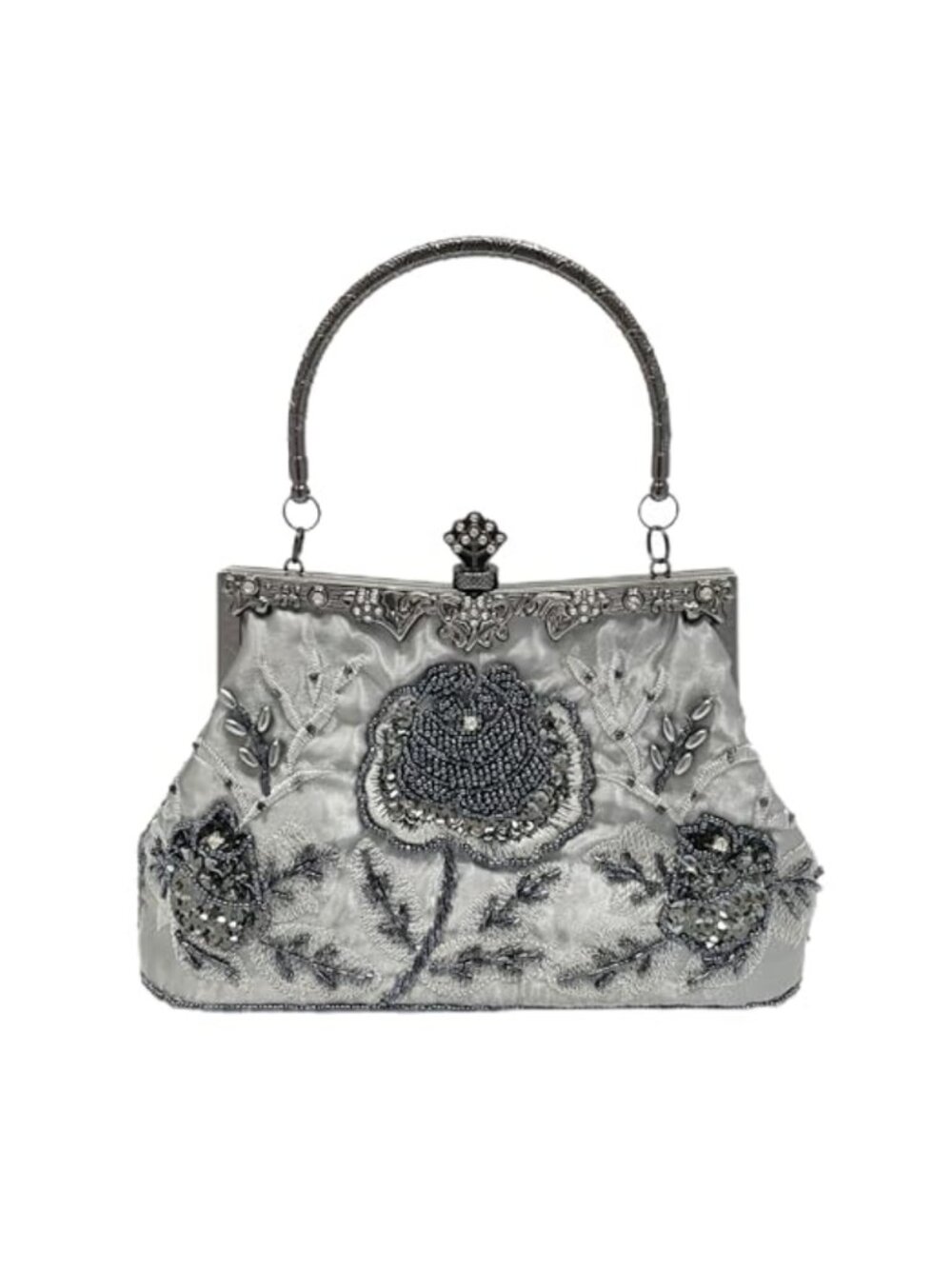 Beaded Rose Embroidered Clutch Evening Bag with Detachable Chain